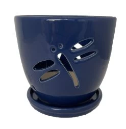 Dragonfly Blue Ceramic Orchid Pot And Saucer + Felt Feet-5 1/2" X 5 1/4"