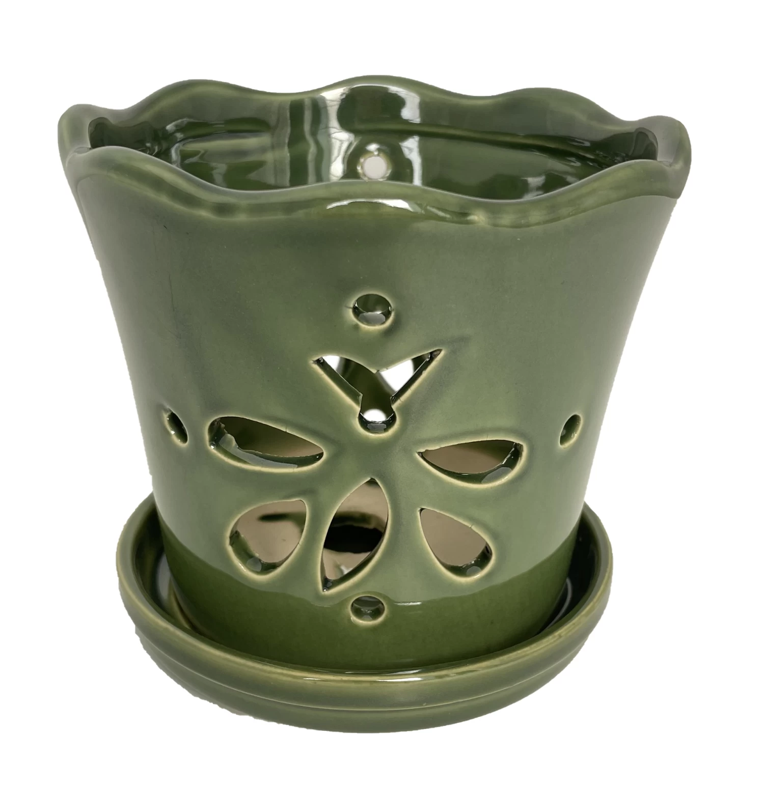 Butterfly Ceramic Orchid Pot/Saucer 5" X 5" - Green 3 Butterfly Ceramic Orchid Pot/Saucer 5" X 5" - Green