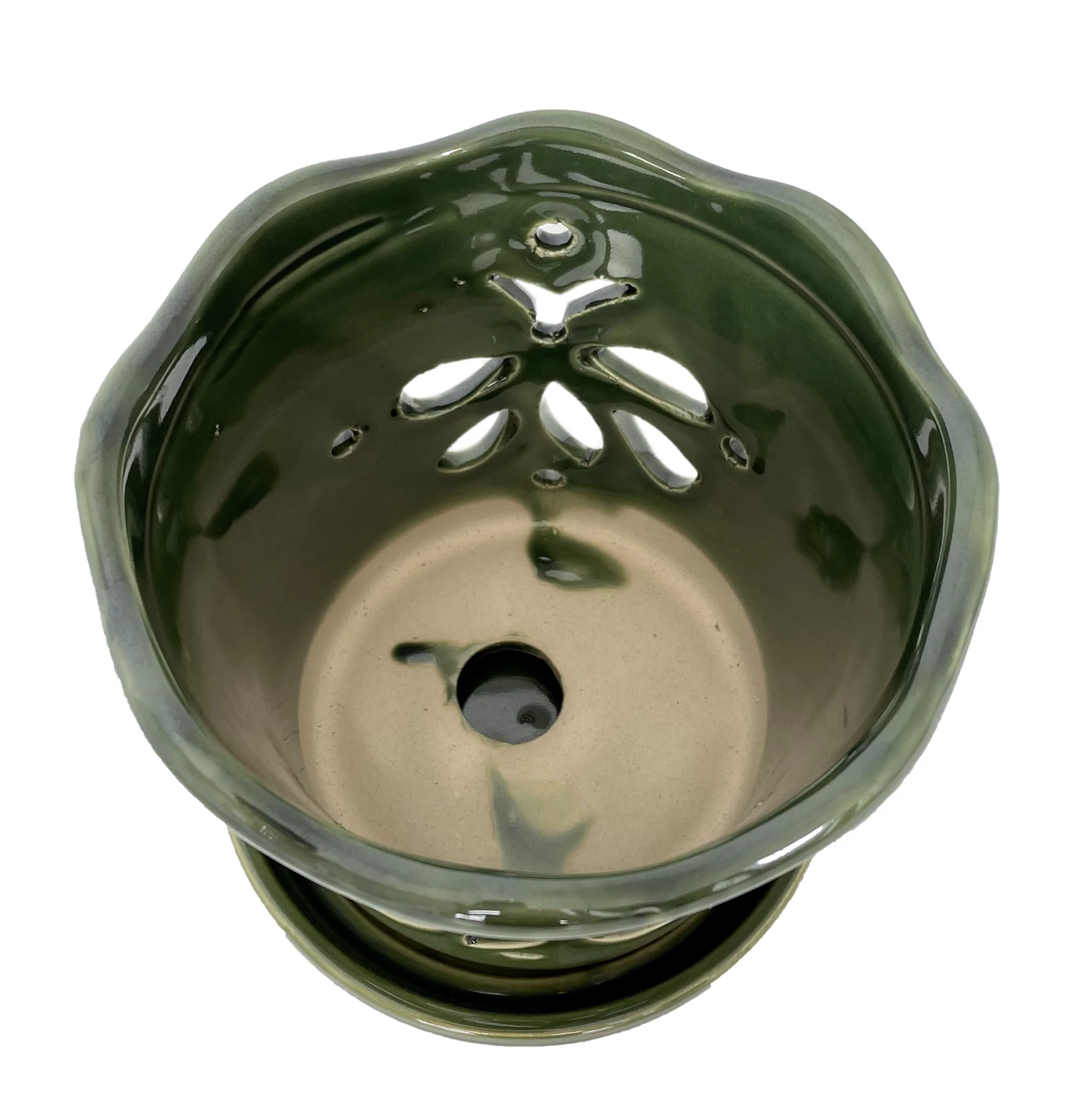 Butterfly Ceramic Orchid Pot/Saucer 5" X 5" - Green 4 Butterfly Ceramic Orchid Pot/Saucer 5" X 5" - Green - Image 2