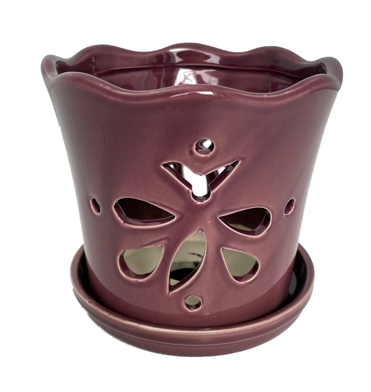 Butterfly Ceramic Orchid Pot/Saucer 5" X 5" - Plum 3 Butterfly Ceramic Orchid Pot/Saucer 5" X 5" - Plum