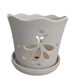 Matte White Butterfly Ceramic Orchid Pot With Attached Saucer - 5" X 5"