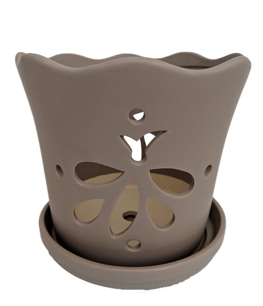 Matte Grey Butterfly Ceramic Orchid Pot With Attached Saucer - 5" X 5" 3 Matte Grey Butterfly Ceramic Orchid Pot With Attached Saucer - 5" X 5"