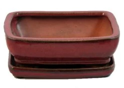 Ceramic Bonsai Pot/Attached Saucer - Parisian Red - 8" X 6.25" X 3" + Felt Feet