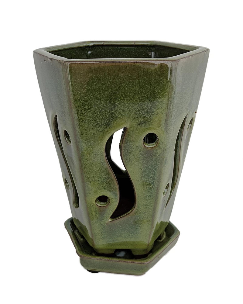 High Style Ceramic Orchid Pot/Saucer - 6 1/8" X 8" - Green Hexagon 3 High Style Ceramic Orchid Pot/Saucer - 6 1/8" X 8" - Green Hexagon