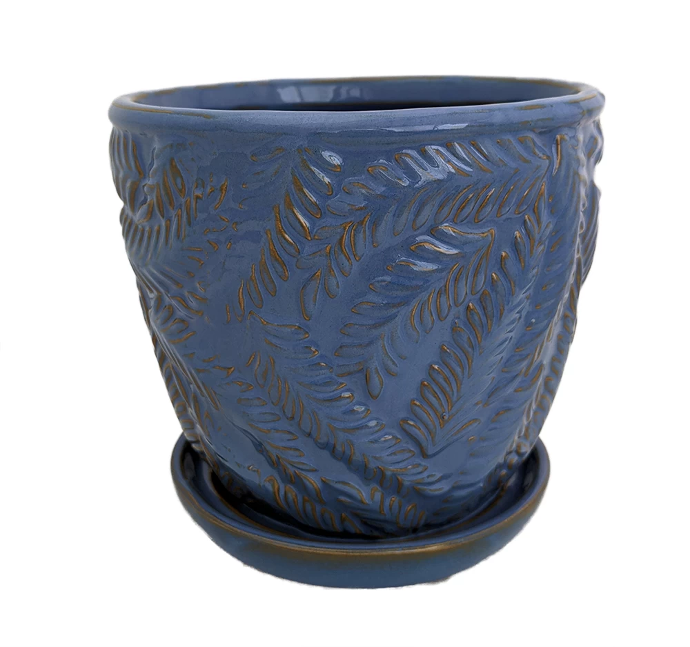 Beach Fern Ceramic Pot With Attached Saucer - Blue Yonder - 5" X 4.75" 3 Beach Fern Ceramic Pot With Attached Saucer - Blue Yonder - 5" X 4.75"