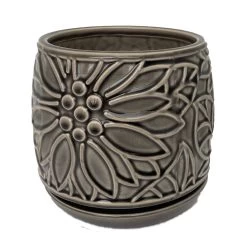 Botanical Delica Ceramic Pot With Attached Saucer - 6" X 6.25" - Grey