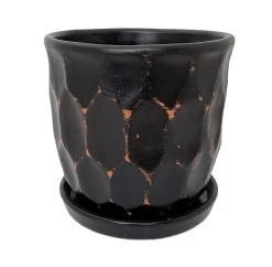 Distressed Honeycomb Ceramic Planter With Attached Saucer - Black - 5.5" X 5.5"