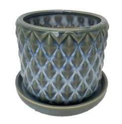Diamond Green Ceramic Pot With Attached Saucer - 4.5" X 4.25"