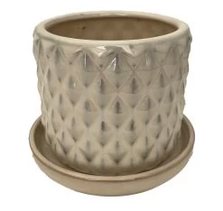Diamond Pearl Ceramic Pot With Attached Saucer - 4.5" X 4.25"