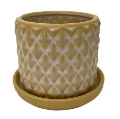 Diamond Yellow Ceramic Pot With Attached Saucer - 4.5" X 4.25"