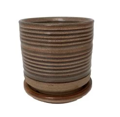 Ellora Ceramic Planter With Attached Saucer - Taupe - 4.5" X 4.25"