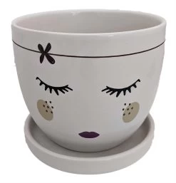 Miss Priss Ceramic Face Pot With Attached Saucer - Freckles - 5" X 4.25"