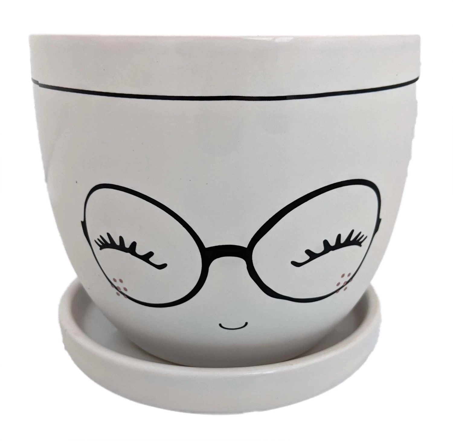 Miss Priss Ceramic Face Pot With Attached Saucer - Glasses - 5" X 4.25" 3 Miss Priss Ceramic Face Pot With Attached Saucer - Glasses - 5" X 4.25"