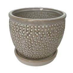 Pebble Beige Ceramic Pot With Attached Saucer - 5.5" X 4.75"