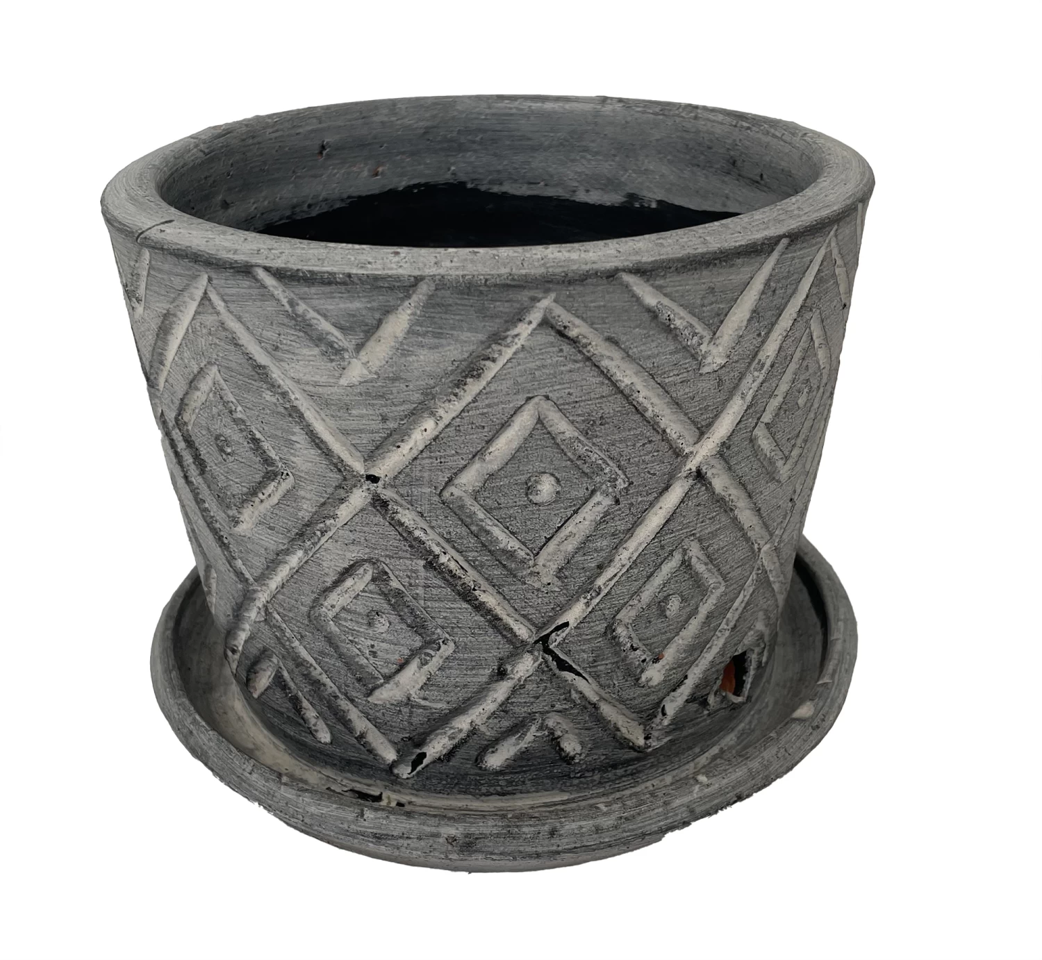 Rustic Thai Garden Charcoal Ceramic Pot With Attached Saucer - 6" X 6" 3 Rustic Thai Garden Charcoal Ceramic Pot With Attached Saucer - 6" X 6"