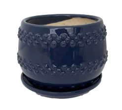 Seneca Ceramic Pot With Attached Saucer - 5" X 4.25" - Blue